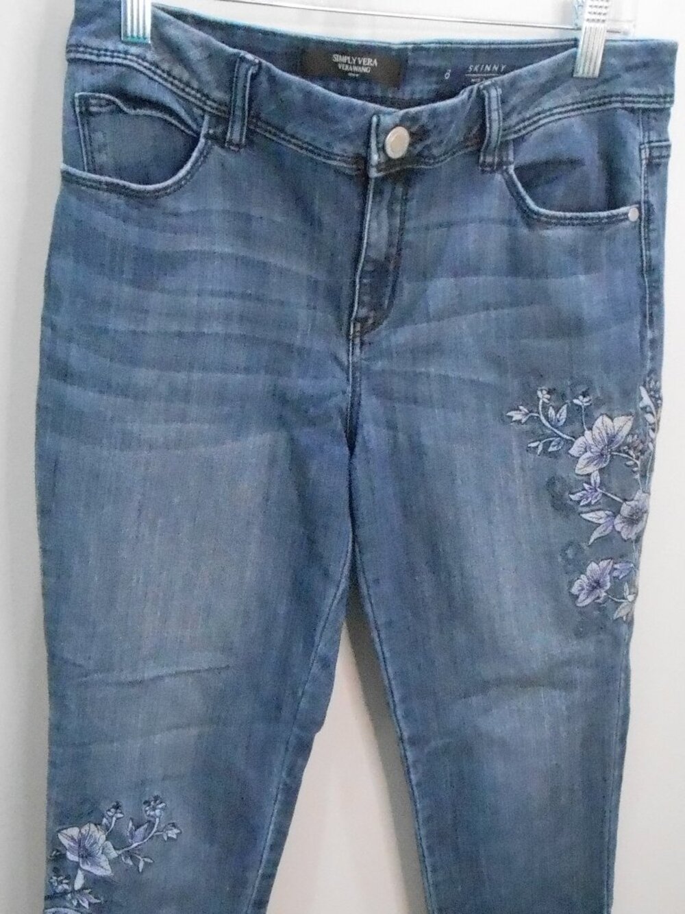 Simply Vera Wang Skinny Mid Rise Med Wash Blue Jeans With Embroidered Flowers-8